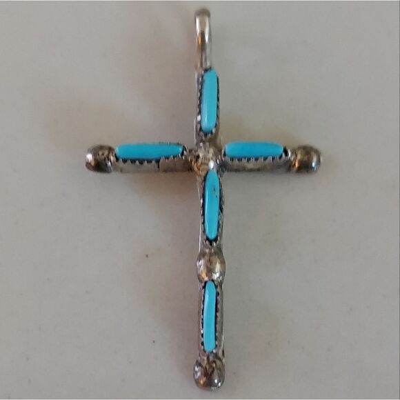 Vintage  Zuni Petite Point Turquoise Cross Pendant Silver Unmarked - Picture 1 of 7